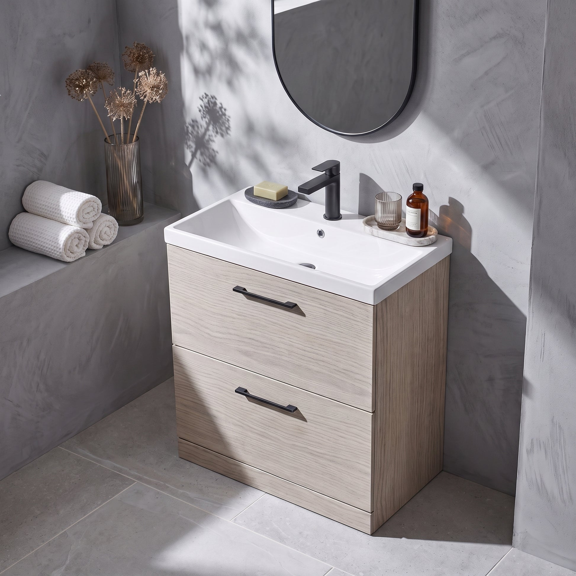 Fairford Aspri 800mm Solace Oak 2-Drawer Floorstanding Vanity Unit