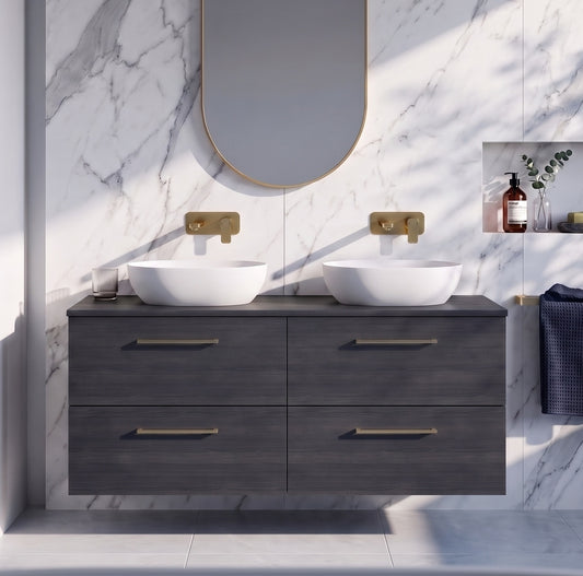 Fairford Aspri Black Woodgrain 1200mm 4 Drawer Wall Hung Vanity Unit with Worktop