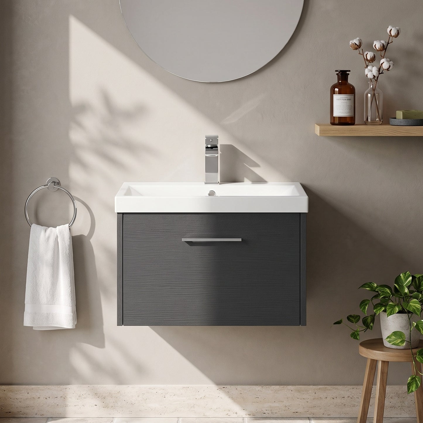 Fairford Anika 600mm Graphite Woodgrain 1 Drawer Wall Hung Vanity Unit