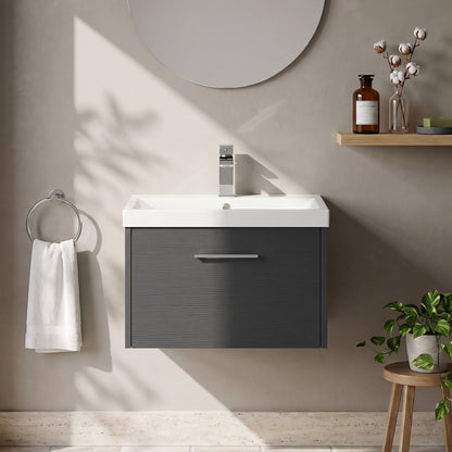 Fairford Anika 600mm Graphite Woodgrain 1 Drawer Wall Hung Vanity Unit