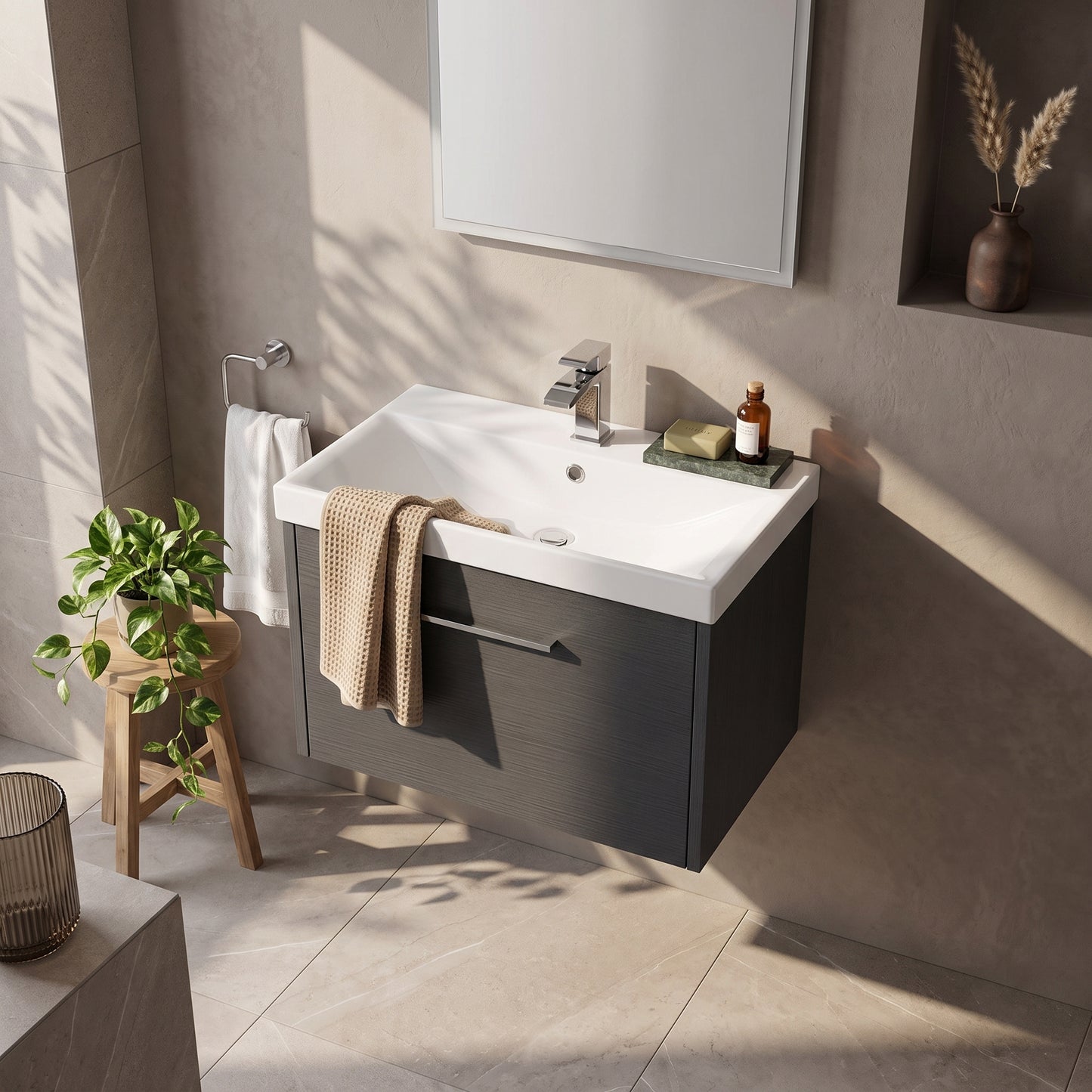 Fairford Anika 600mm Graphite Woodgrain 1 Drawer Wall Hung Vanity Unit
