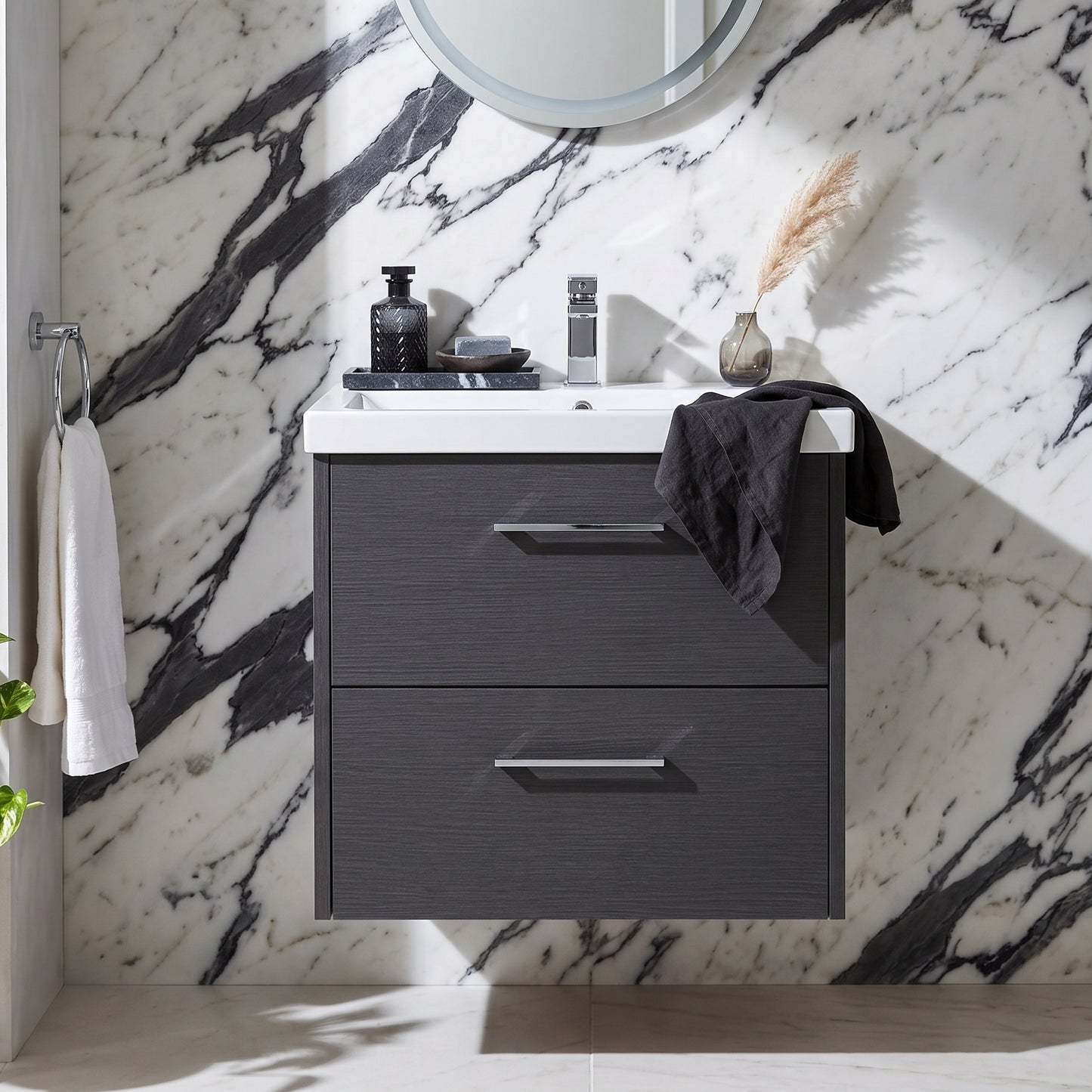Fairford Anika 600mm Graphite Woodgrain 2 Drawer Wall Hung Vanity Unit