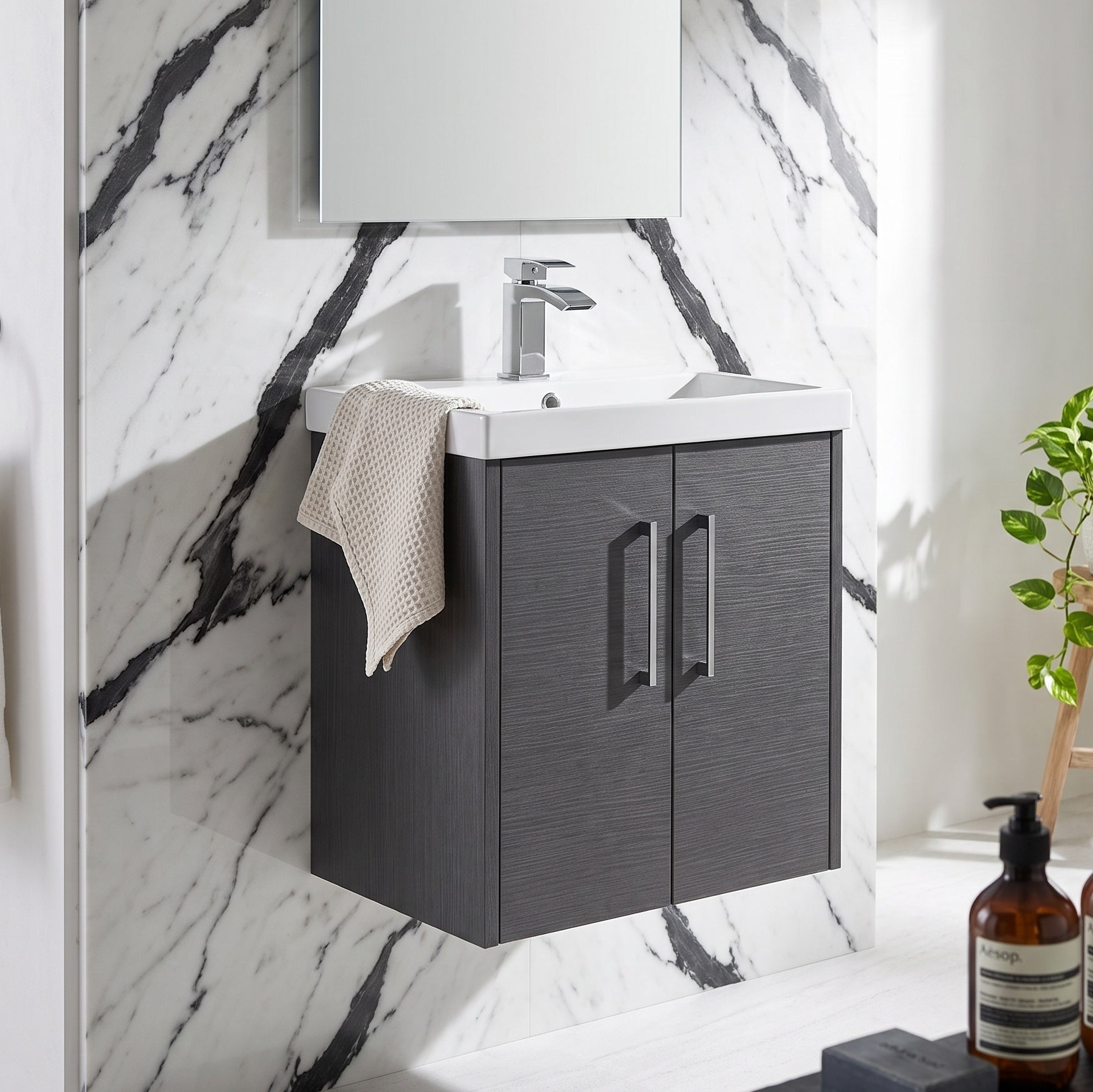 Fairford Anika 500mm Graphite Woodgrain 2 Door Wall Hung Vanity Unit