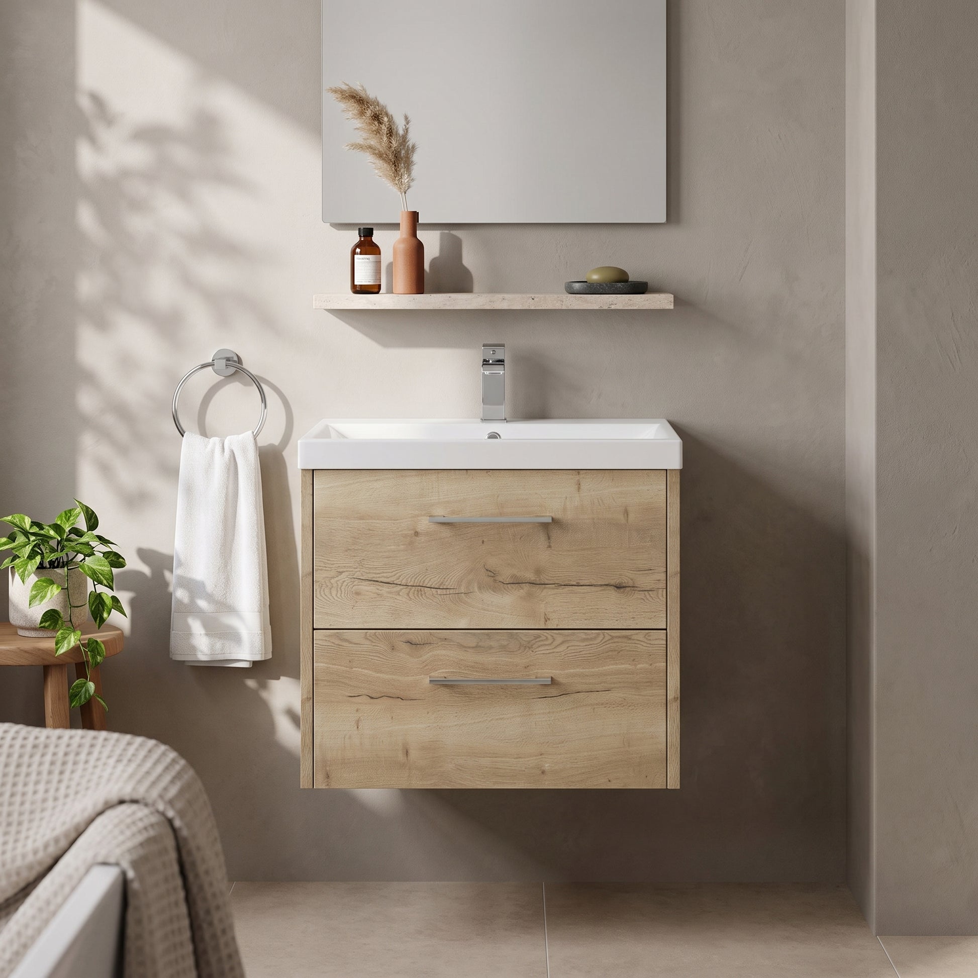 Fairford Anika 600mm Oak Woodgrain 2 Drawer Wall Hung Vanity Unit