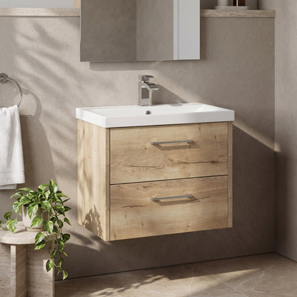 Fairford Anika 600mm Oak Woodgrain 2 Drawer Wall Hung Vanity Unit