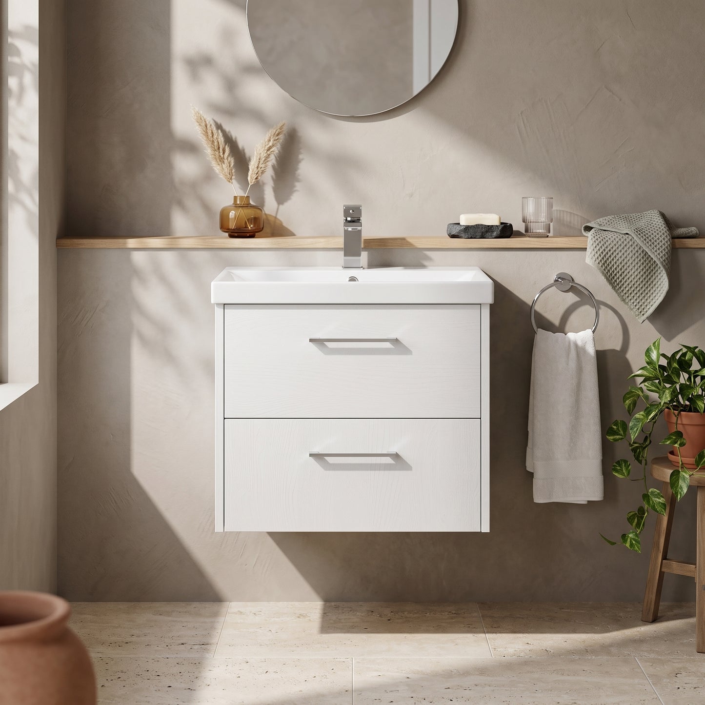Fairford Anika 600mm White Woodgrain 2 Drawer Wall Hung Vanity Unit