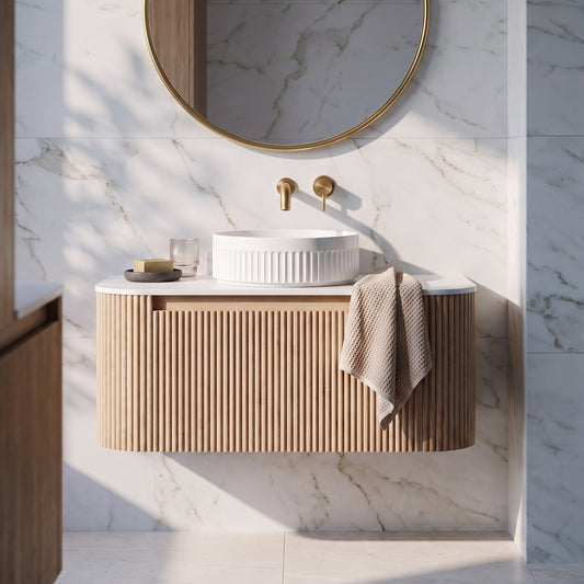 Fairford Sophia Country Oak 870mm Basin & Vanity Unit Pack — Vessel Basin, Curved Vanity Unit & Worktop