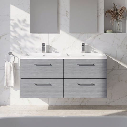 Fairford Aspri Grey Woodgrain 1200mm 4 Drawer Wall Hung Vanity Unit