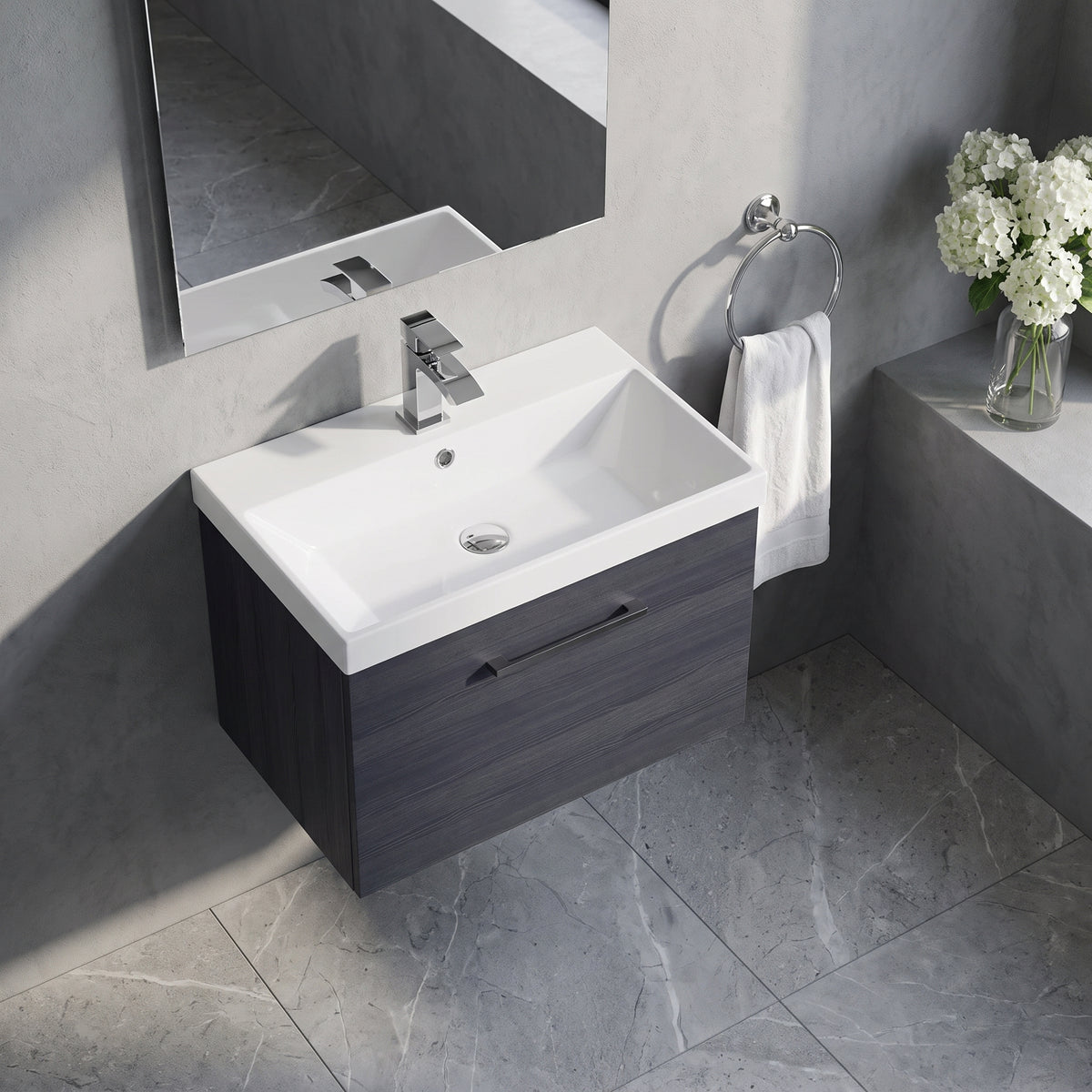 Fairford Aspri Black Woodgrain 600mm 1 Drawer Wall Hung Vanity Unit