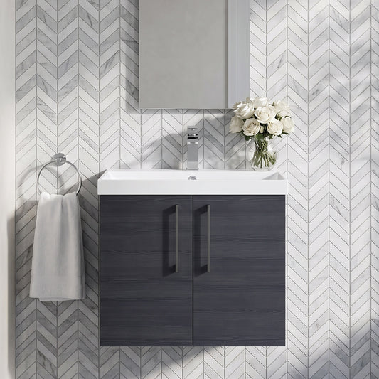 Fairford Aspri Black Woodgrain 600mm 2 Door Wall Hung Vanity Unit