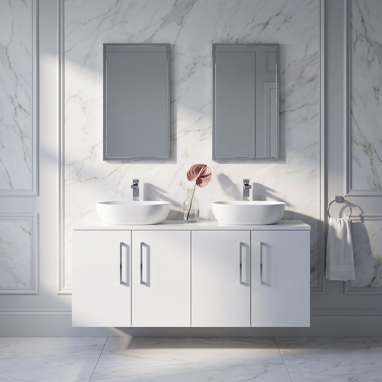 Fairford Aspri Gloss White 1200mm 4 Door Wall Hung Vanity Unit with Worktop