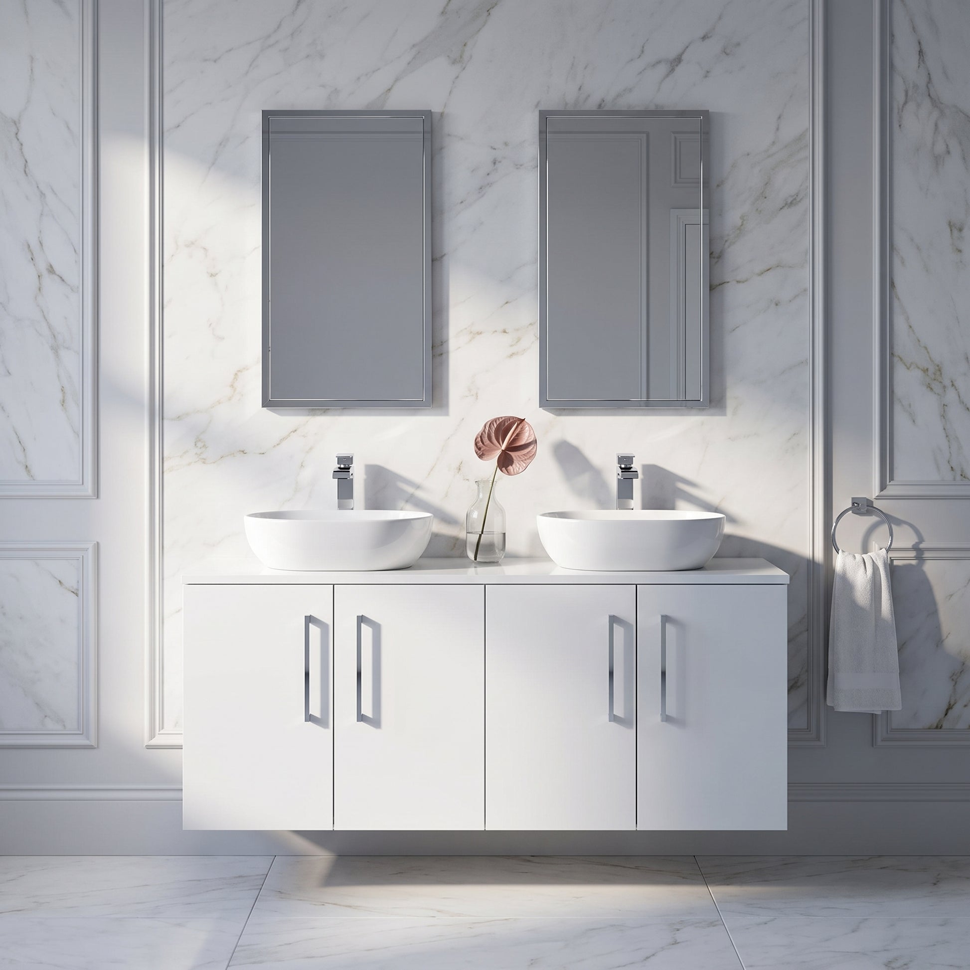 Fairford Aspri Gloss White 1200mm 4 Door Wall Hung Vanity Unit with Worktop