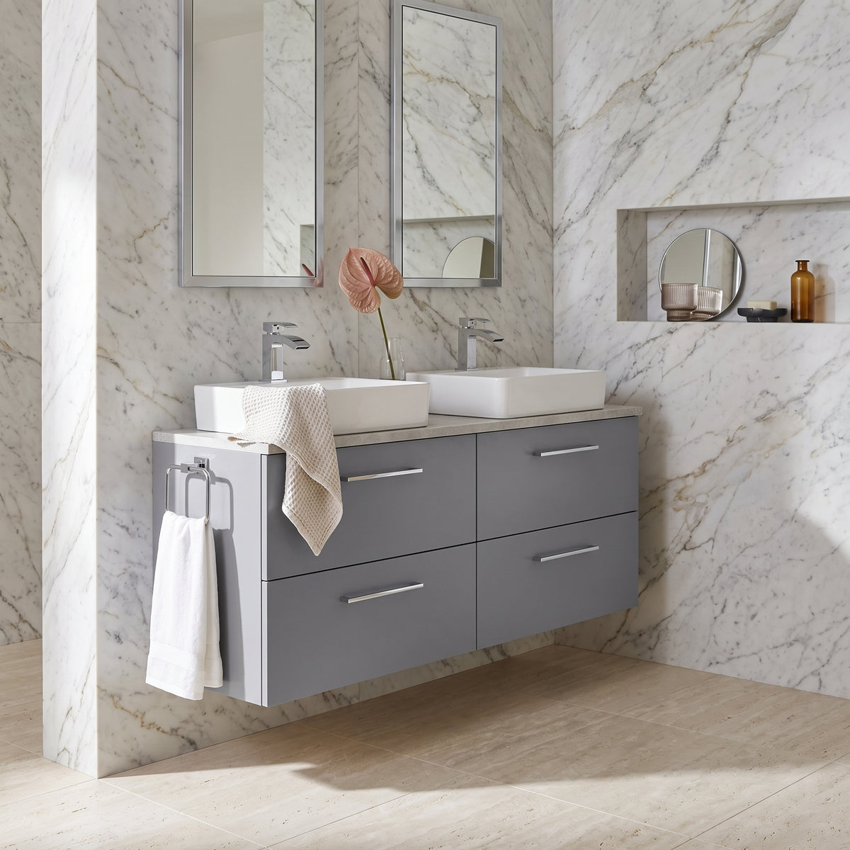 Fairford Aspri Satin Grey 1200mm 4 Drawer Wall Hung Vanity Unit with Worktop