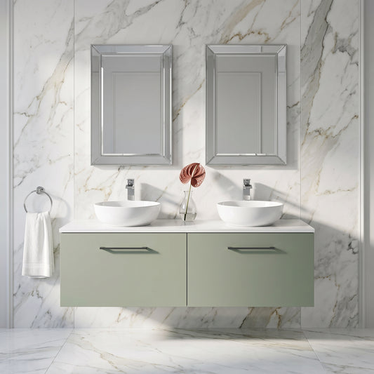 Fairford Aspri Satin Green 1200mm 2 Drawer Wall Hung Vanity Unit with Worktop