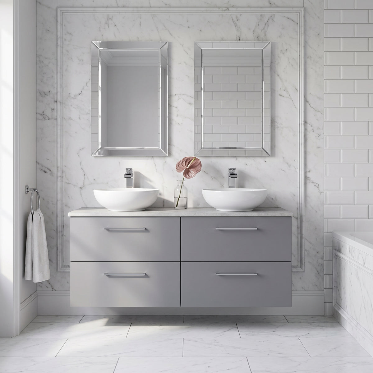 Fairford Aspri Satin Grey 1200mm 4 Drawer Wall Hung Vanity Unit with Worktop