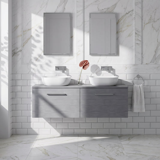 Fairford Aspri Grey Woodgrain 1200mm 2 Drawer Wall Hung Vanity Unit with Worktop