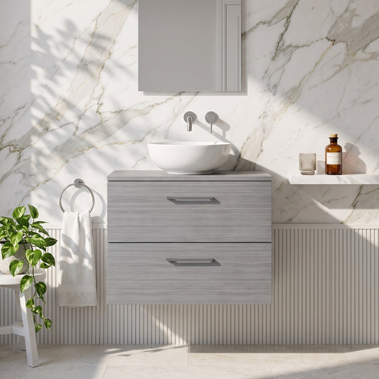 Fairford Aspri Grey Woodgrain 800mm 2 Drawer Wall Hung Vanity Unit with Worktop