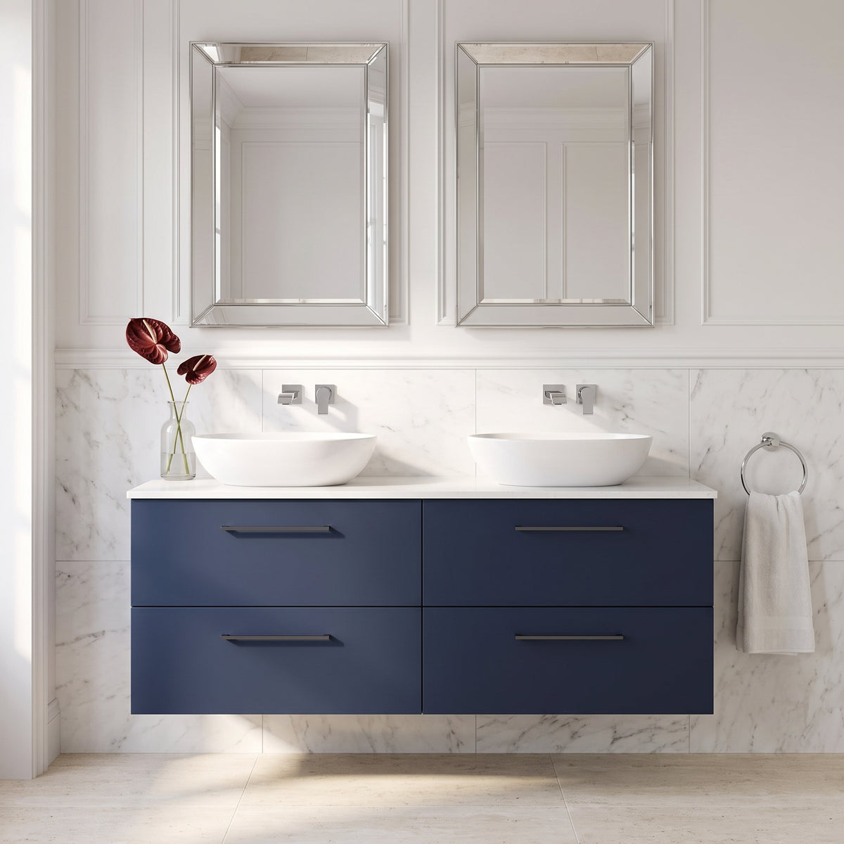 Fairford Aspri Midnight Blue 1200mm 4 Drawer Wall Hung Vanity Unit with Worktop