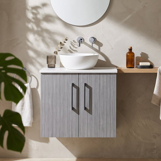 Fairford Aspri Grey Woodgrain 600mm 2 Door Wall Hung Vanity Unit with Worktop
