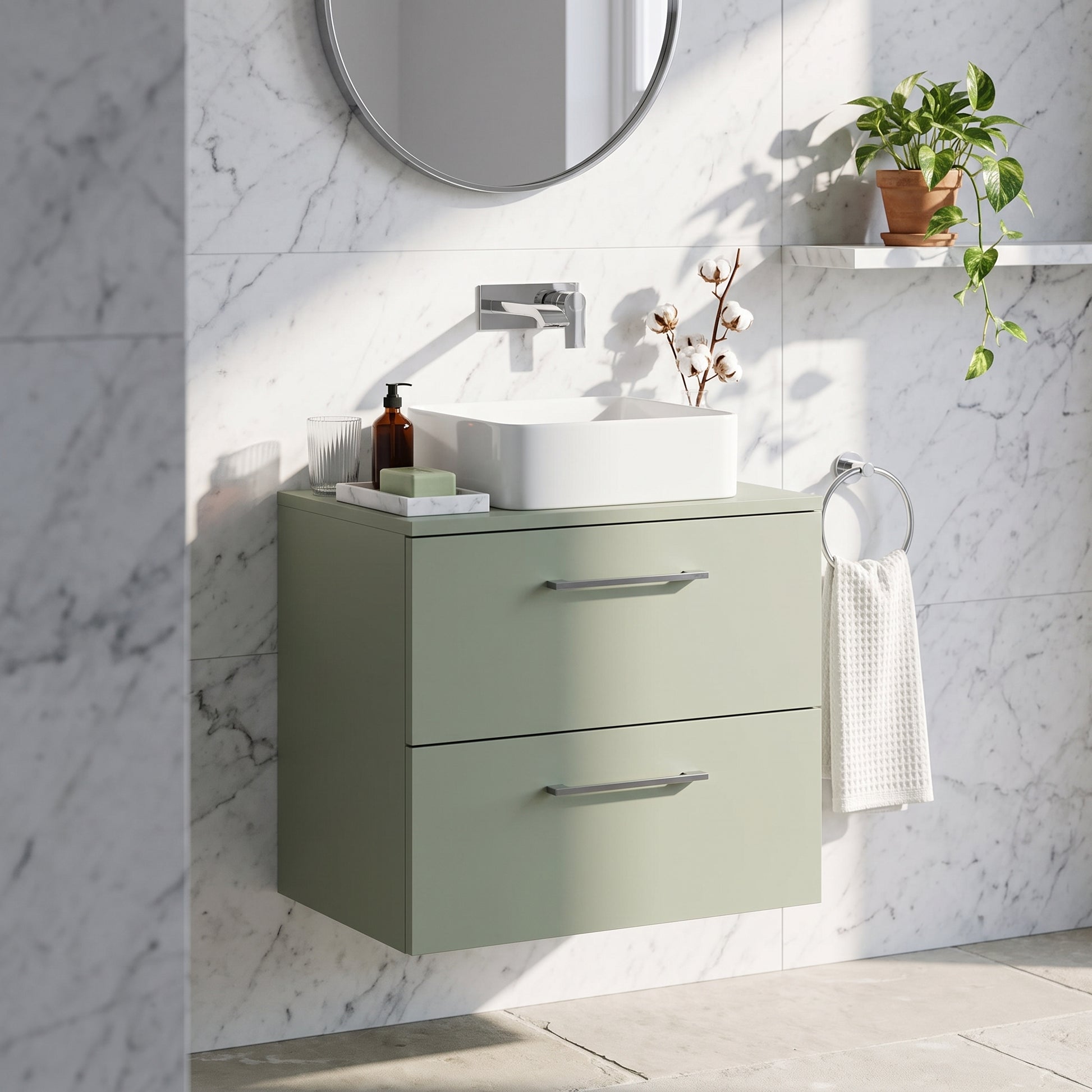 Fairford Aspri Satin Green 600mm 2 Drawer Wall Hung Vanity Unit with Worktop