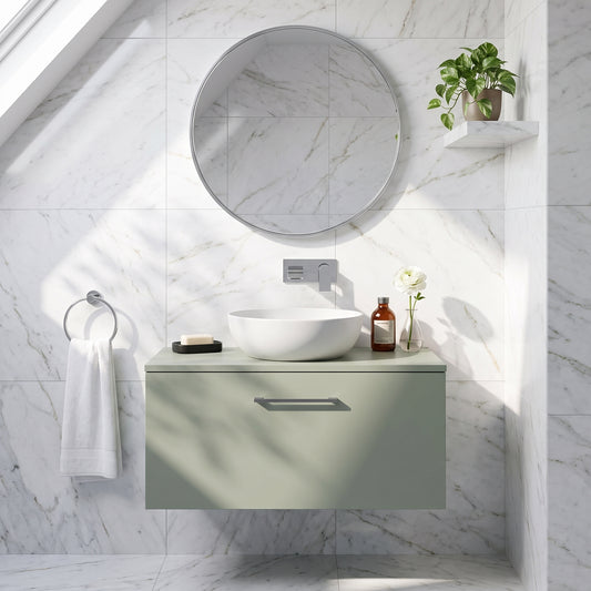 Fairford Aspri Satin Green 800mm 1 Drawer Wall Hung Vanity Unit with Worktop