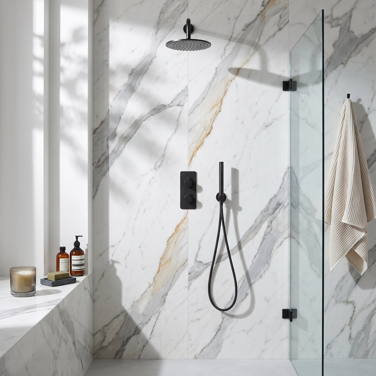 Fairford Element 7 Matt Black Concealed Shower Kit with Overhead, Handset and Bracket