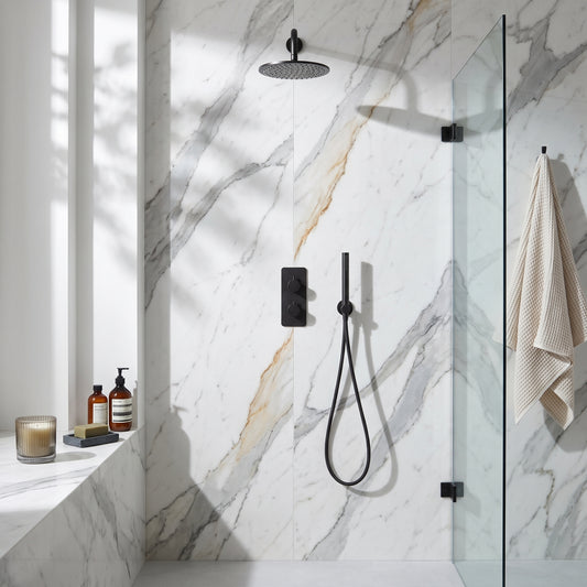 Fairford Element 7 Matt Black Concealed Shower Kit with Overhead, Handset and Bracket