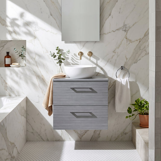 Fairford Aspri Grey Woodgrain 600mm 2 Drawer Wall Hung Vanity Unit with Worktop