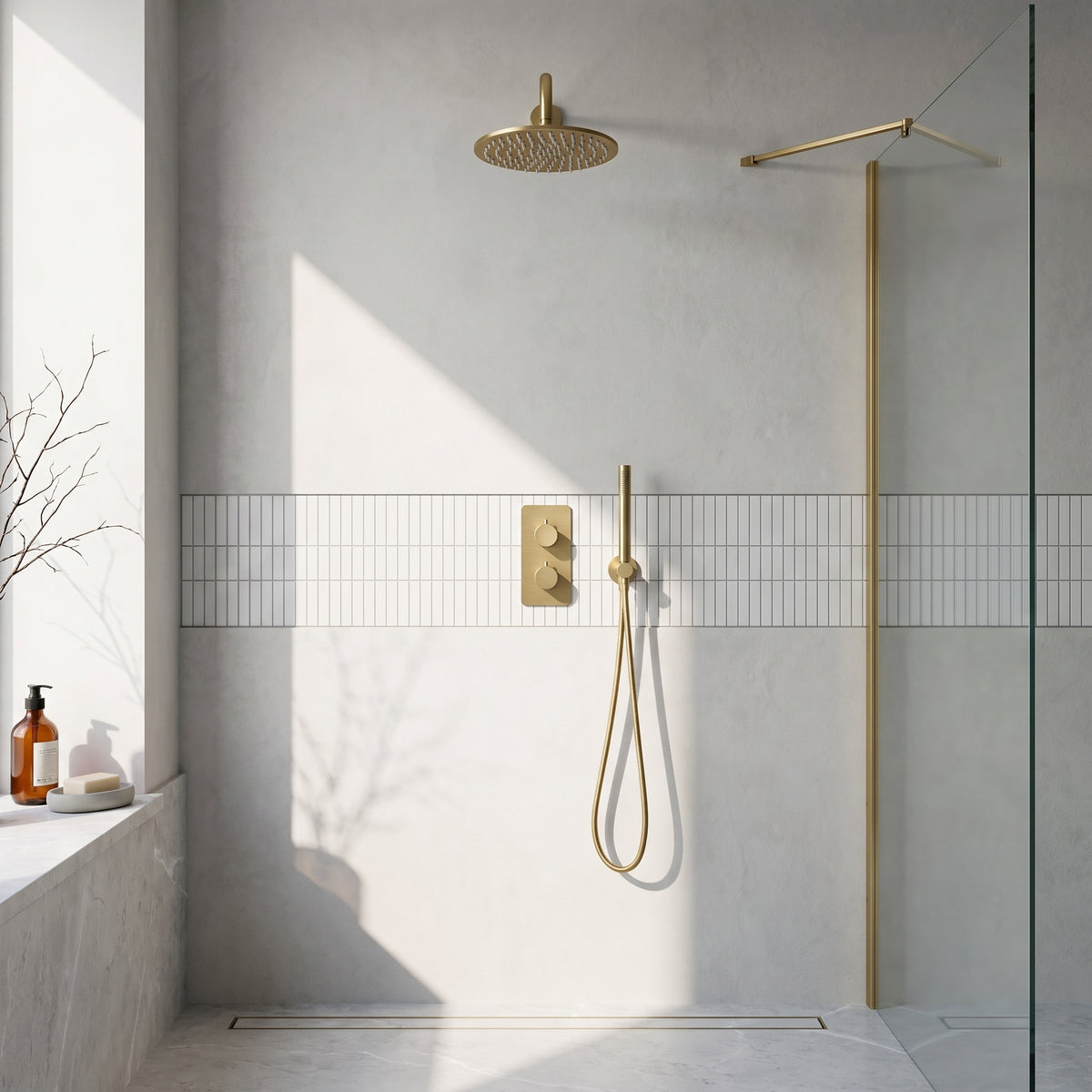 Fairford Element 7 Brushed Brass Concealed Shower Kit with Overhead, Handset and Bracket