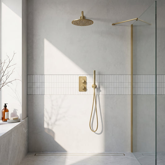 Fairford Element 7 Brushed Brass Concealed Shower Kit with Overhead, Handset and Bracket