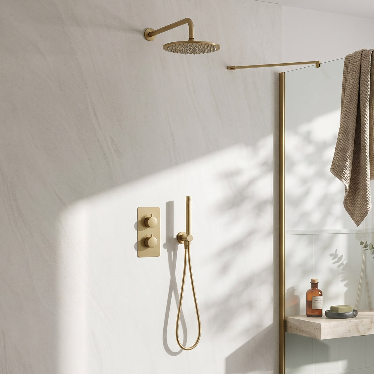Fairford Element 7 Brushed Brass Concealed Shower Kit with Overhead, Handset and Bracket