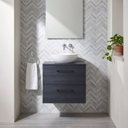 Fairford Aspri Black Woodgrain 600mm 2 Drawer Wall Hung Vanity Unit with Worktop