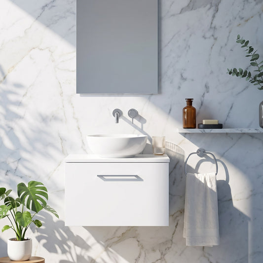Fairford Aspri 600mm Gloss White Wall Hung Vanity Unit, MDF White Worktop