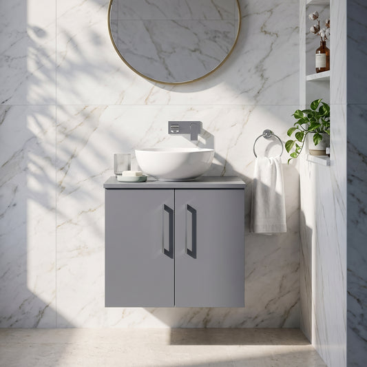 Fairford Aspri Satin Grey 600mm 2 Door Wall Hung Vanity Unit with Worktop
