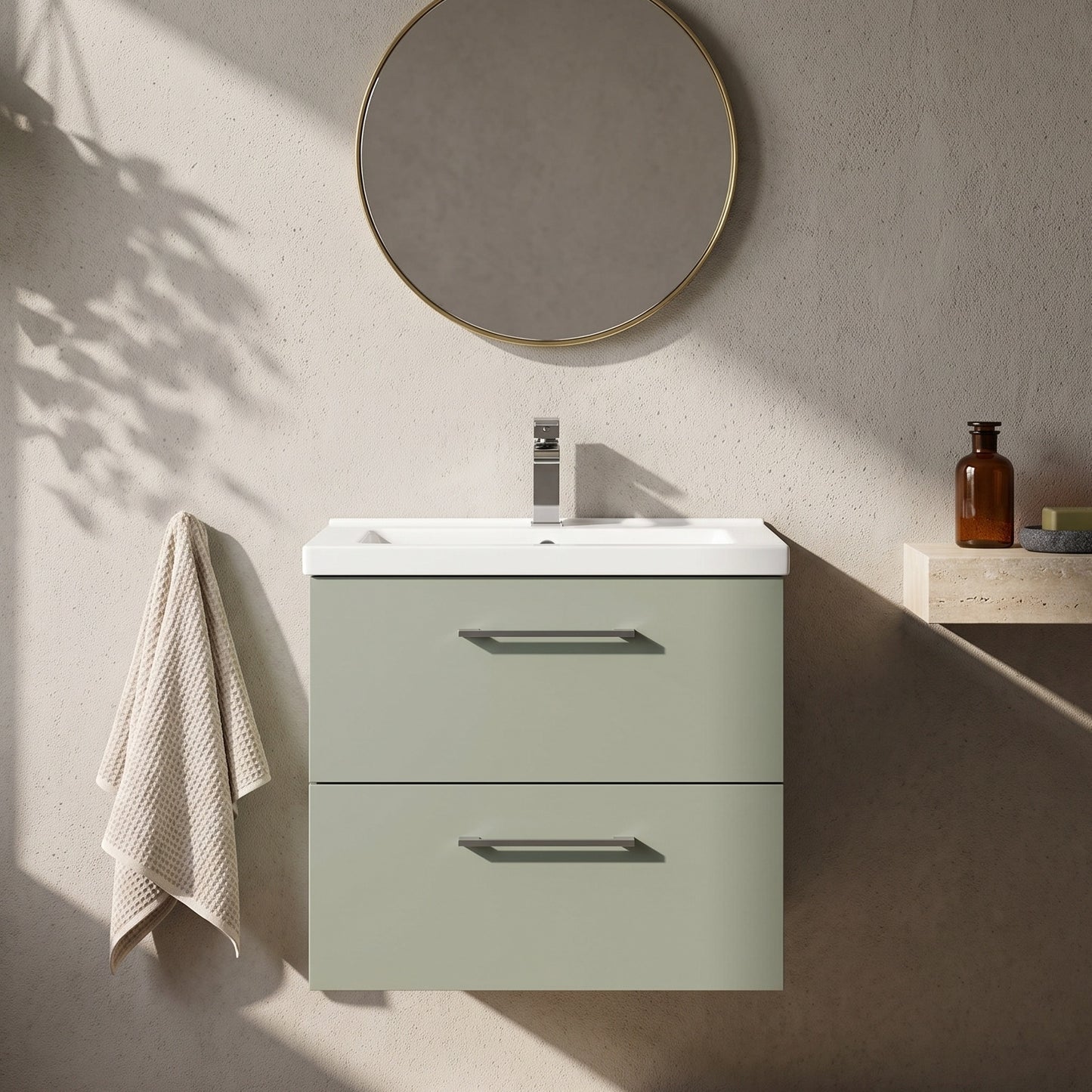Fairford Aspri Satin Green 600mm 2 Drawer Wall Hung Vanity Unit with Worktop