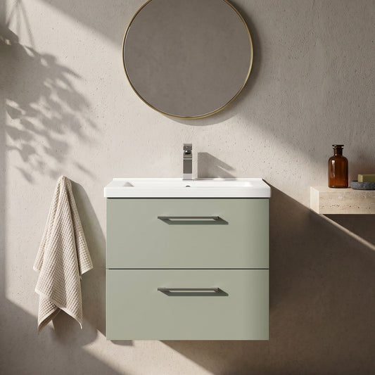 Fairford Aspri Satin Green 600mm 2 Drawer Wall Hung Vanity Unit with Worktop