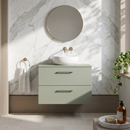 Fairford Aspri Satin Green 800mm 2 Drawer Wall Hung Vanity Unit with Worktop