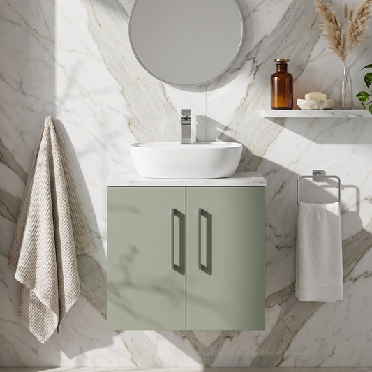 Fairford Aspri Satin Green 600mm 2 Door Wall Hung Vanity Unit with Worktop