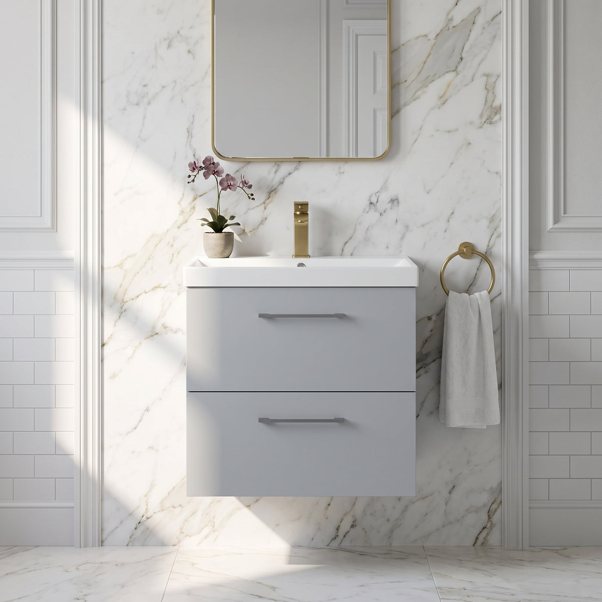 Fairford Aspri Satin Grey 600mm 2 Drawer Wall Hung Vanity Unit