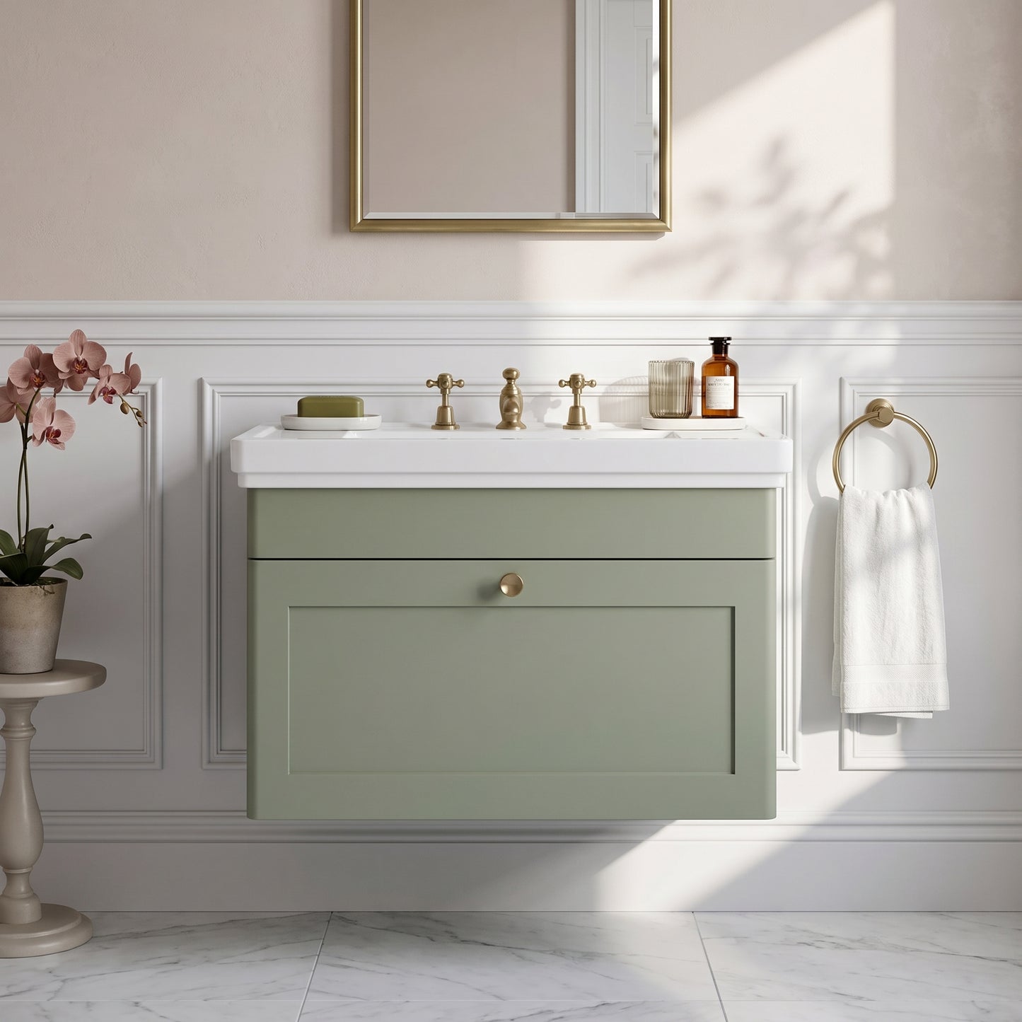 Fairford Laurel 500mm Wall Hung Satin Green Vanity Unit - 3 Tap Hole