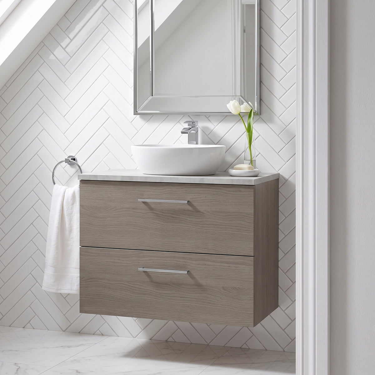 Fairford Aspri Solace Oak 800mm 2 Drawer Wall Hung Vanity Unit with Worktop