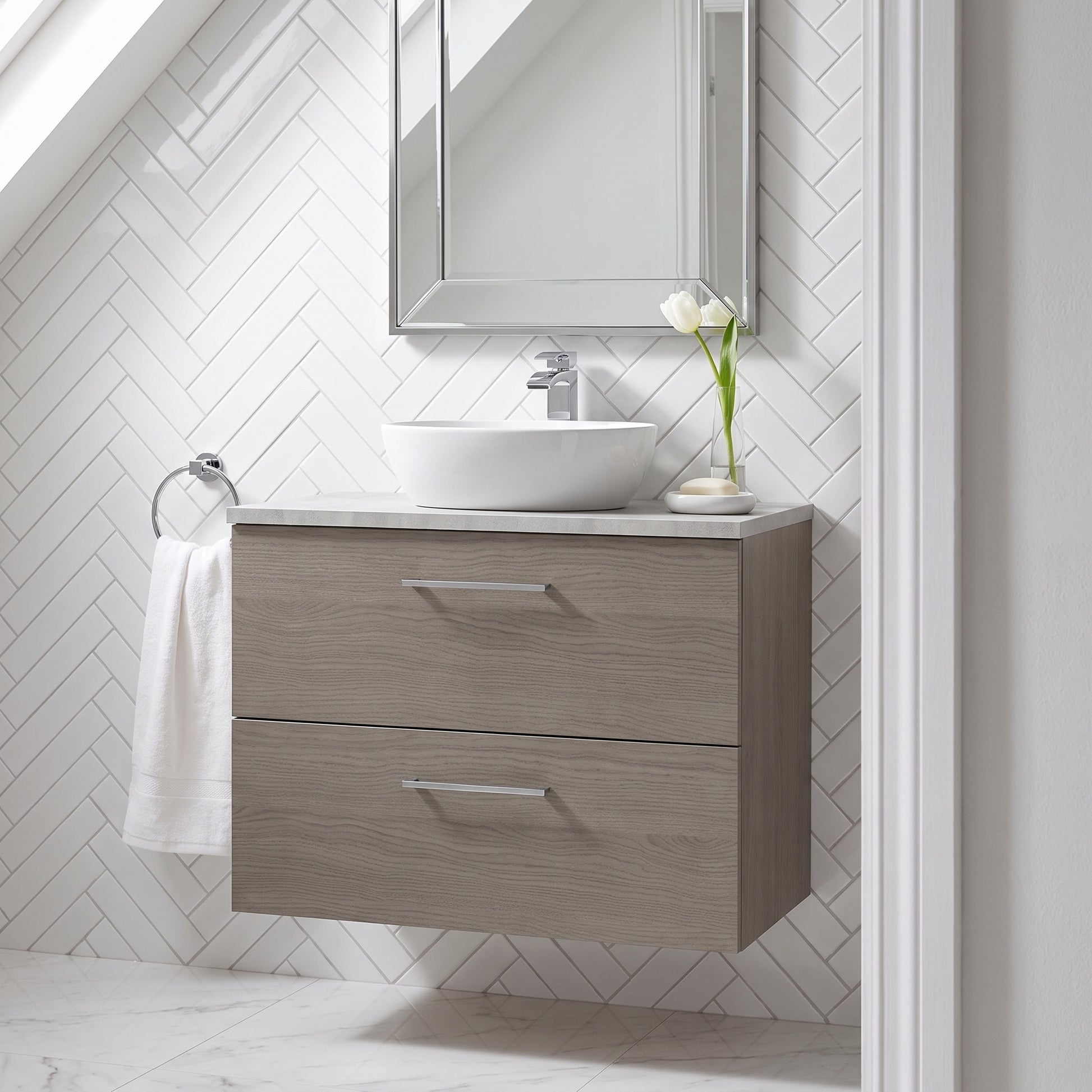 Fairford Aspri Solace Oak 800mm 2 Drawer Wall Hung Vanity Unit with Worktop