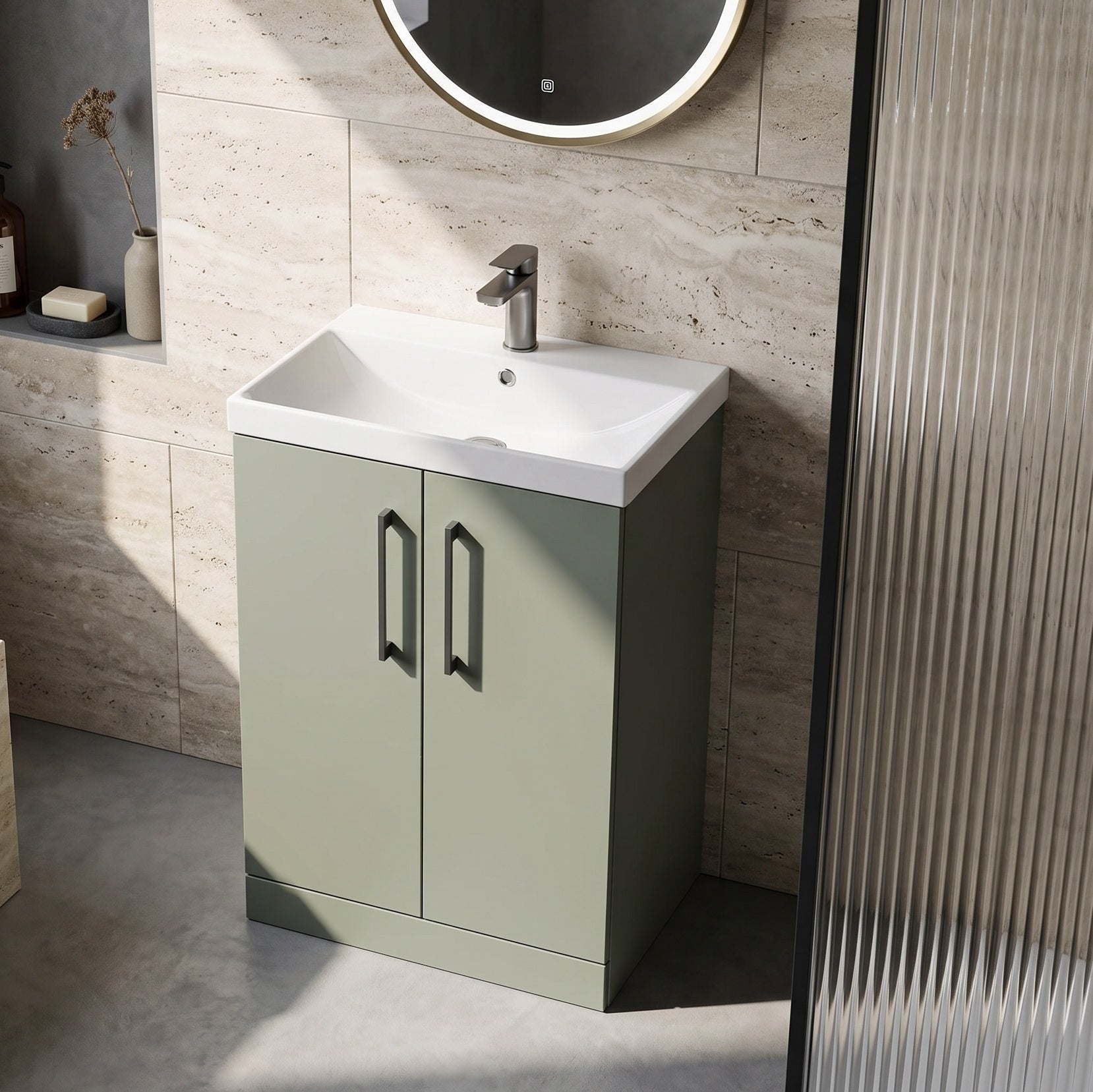 Fairford Aspri 2 600mm Satin Green Floor Standing Vanity Unit