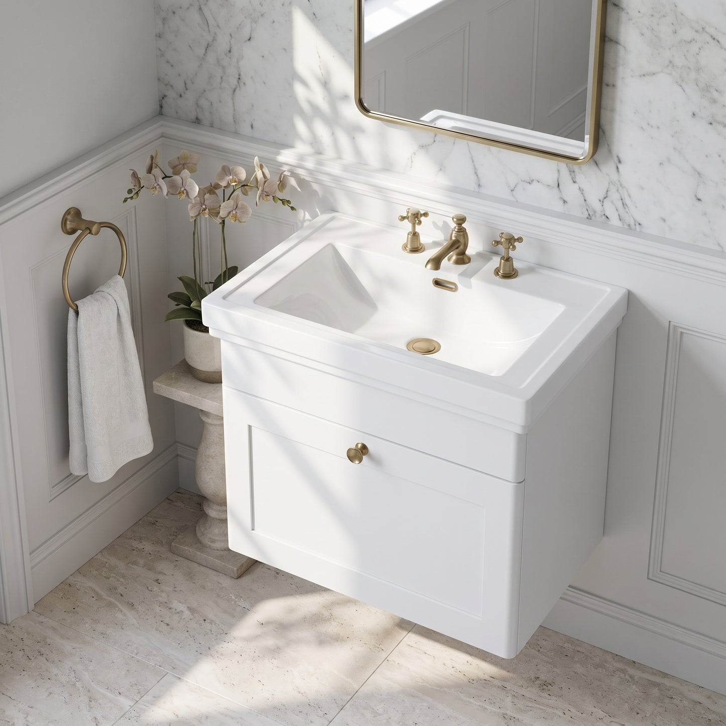 Fairford Laurel 600mm Wall Hung Satin White Vanity Unit - 3 Tap Hole