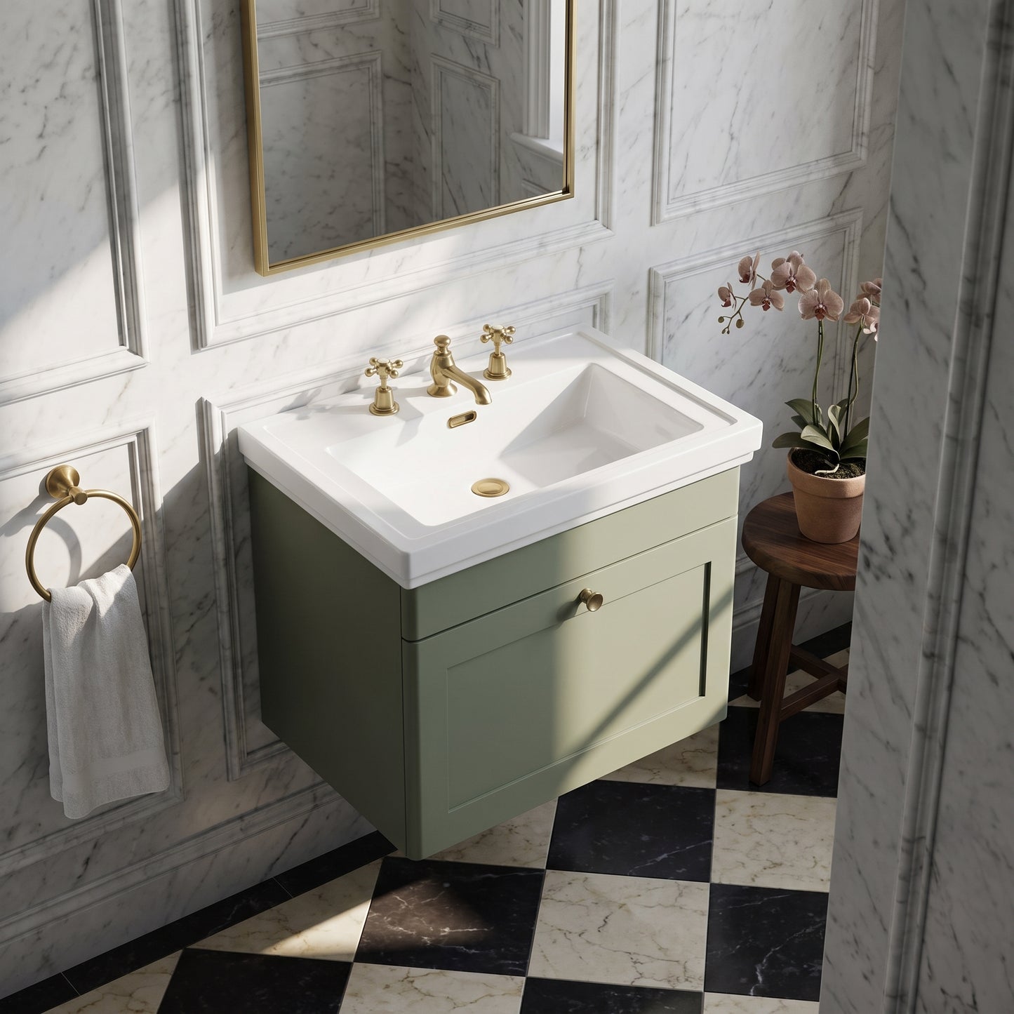 Fairford Laurel 600mm Wall Hung Satin Green Vanity Unit - 3 Tap Hole
