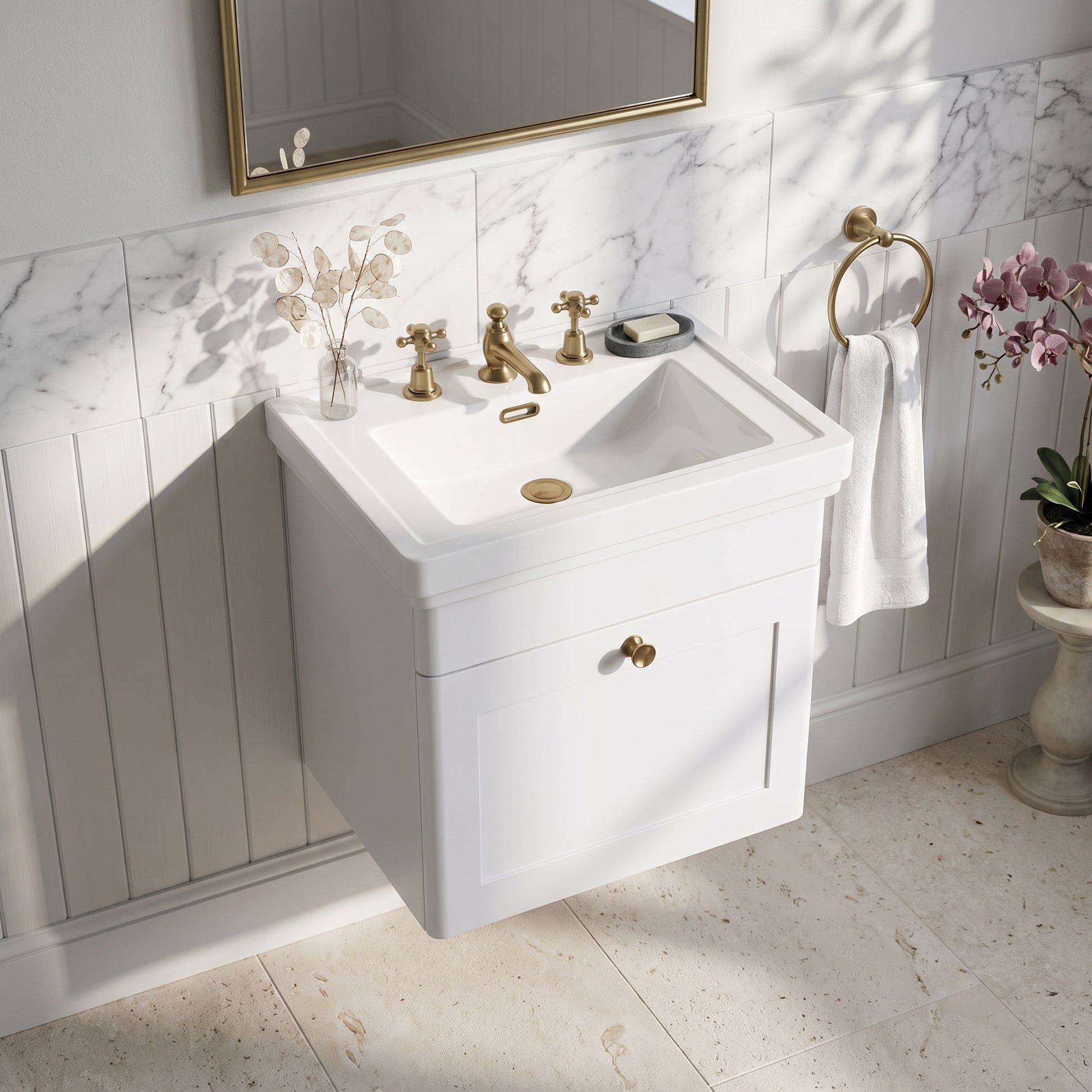 Fairford Laurel 500mm Wall Hung Satin White Vanity Unit - 3 Tap Hole