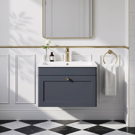 Fairford Laurel Soft Black 600mm 1 Drawer Wall Hung Vanity Unit with Stone Basin