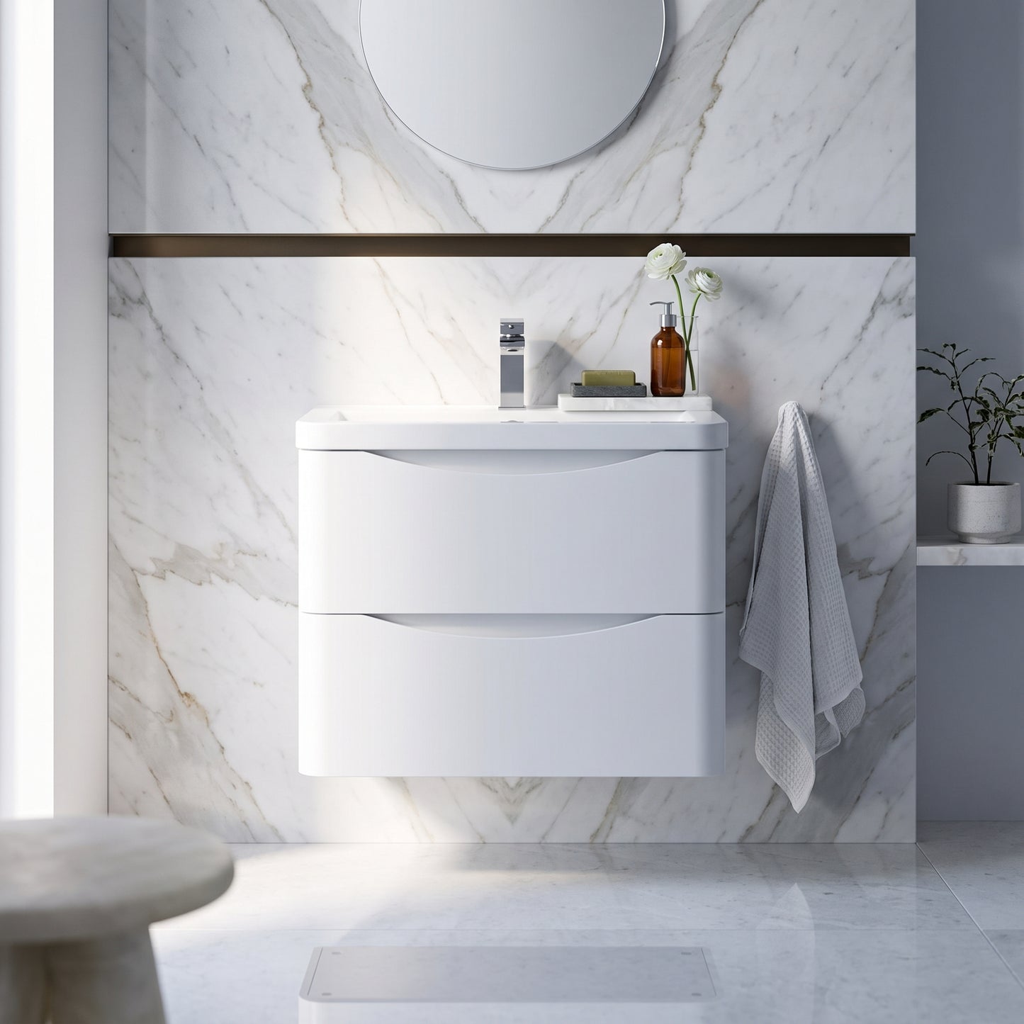 Fairford Eclipse 600mm 2 Drawer Satin White Wall Hung Vanity Unit
