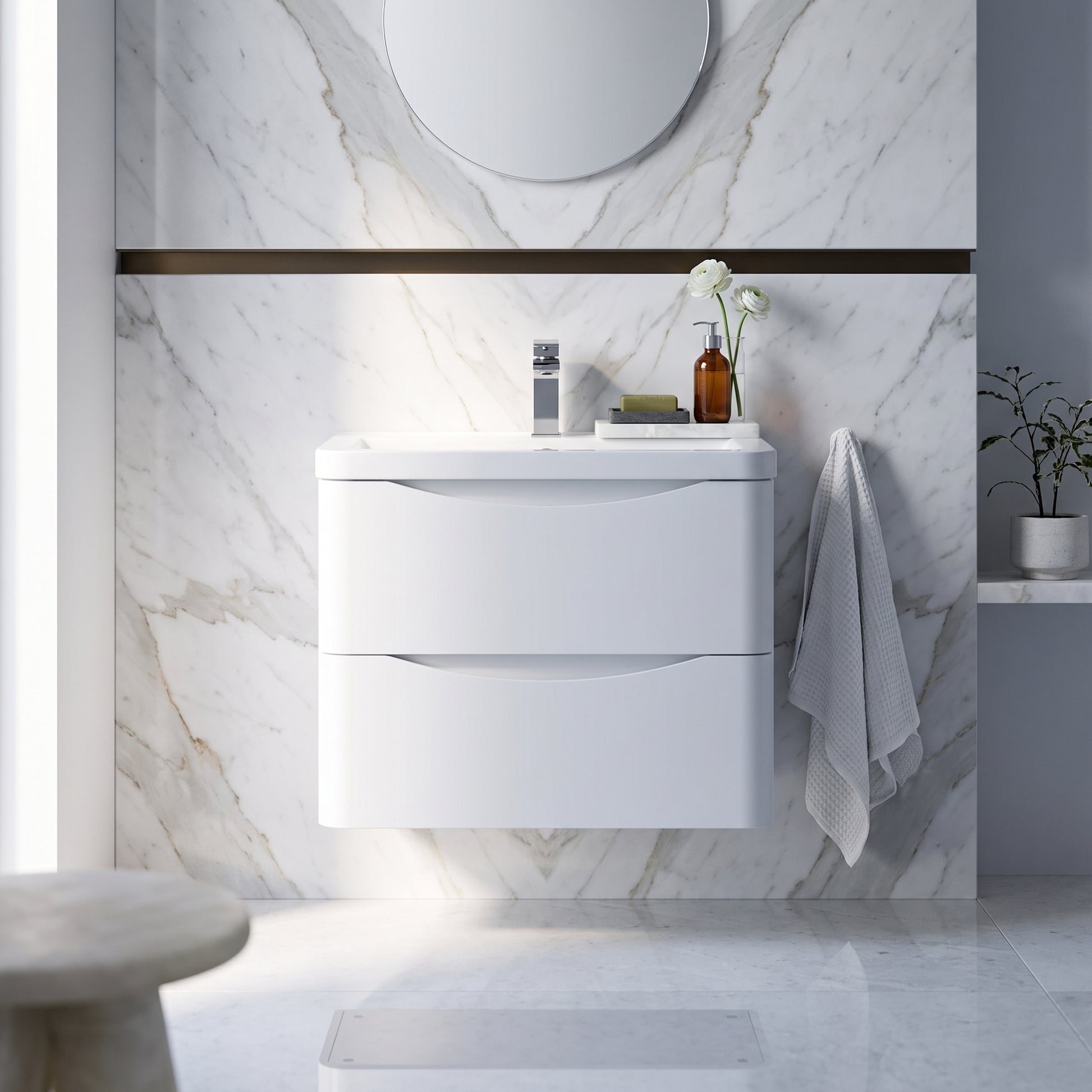 Fairford Eclipse 600mm 2 Drawer Satin White Wall Hung Vanity Unit
