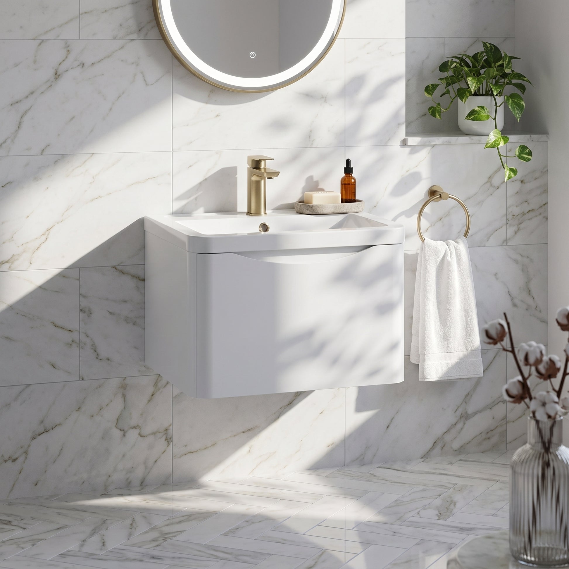 Fairford Eclipse 600mm 1 Drawer Satin White Wall Hung Vanity Unit